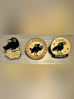 New 3 Piece Enamel Pins Set-Black Crows Ravens Shiny Things Trinkets Badges